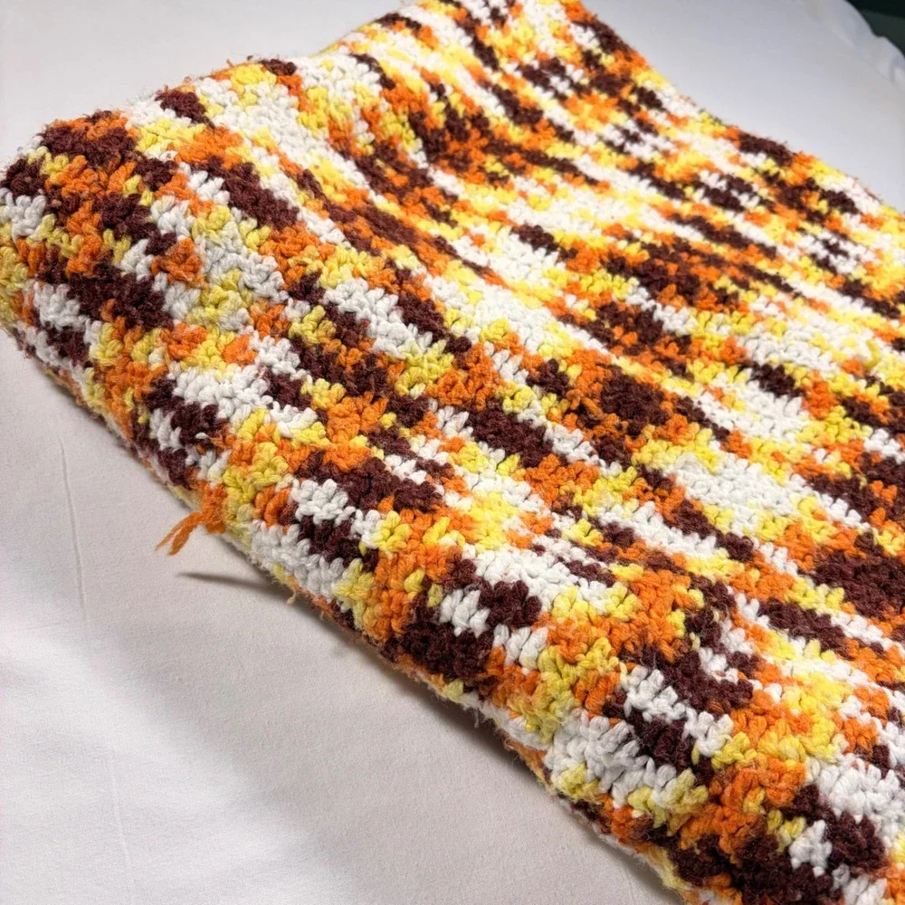 Vintage 70's Handmade Crochet Afghan Throw Blanket Orange Yellow Brown 64x44